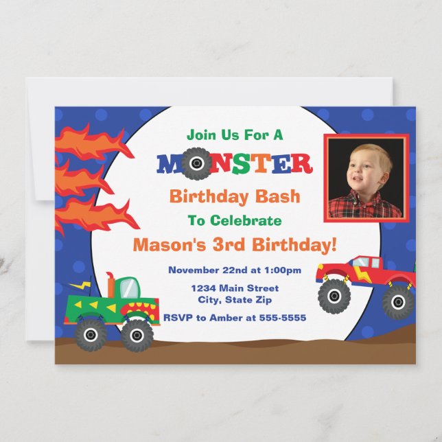 Monster Truck Geburtstag Einladung 12x18 Foto-Kart (Vorderseite)