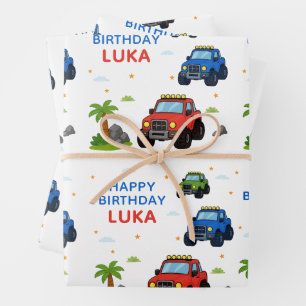 Monster-Truck-Geburtstagsfeier Name Kinder Geschenkpapier Set