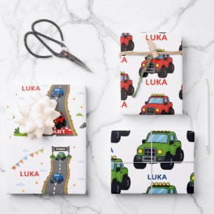 Monster-Truck-Geburtstagsfeier Name Kinder Geschenkpapier Set