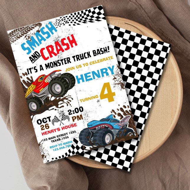 Monster Truck Geburtstagsparty Einladung (MONSTER TRUCK BIRTHDAY INVITATION, SMASH AND CRASH ITS A MONSTER BASH)