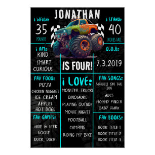 Monster Truck Geburtstagsparty Milestone Zeichen Poster