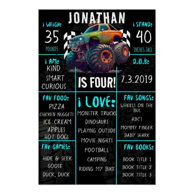 Monster Truck Geburtstagsparty Milestone Zeichen Poster (Vorderseite)