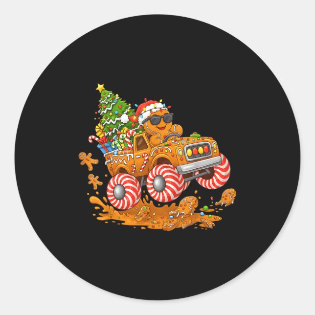 Monster Truck Gingerbread Man Funny Christmas Baki Runder Aufkleber (Vorderseite)