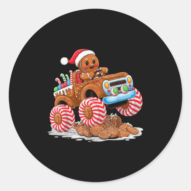 Monster Truck Gingerbread Man Funny Christmas Baki Runder Aufkleber (Vorderseite)