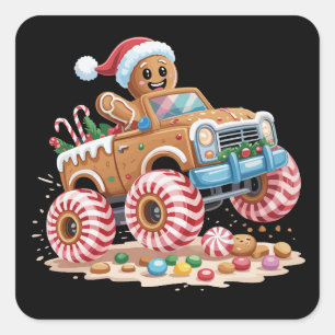 Monster-Truck-Gingerbread-Man-Weihnachtsbacken Quadratischer Aufkleber