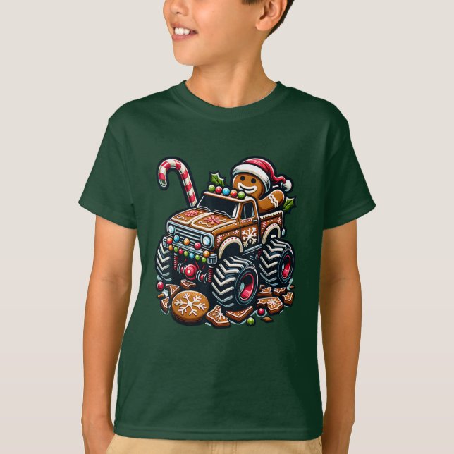 Monster Truck Gingerbread Mann Funny Christmas T-Shirt (Vorderseite)