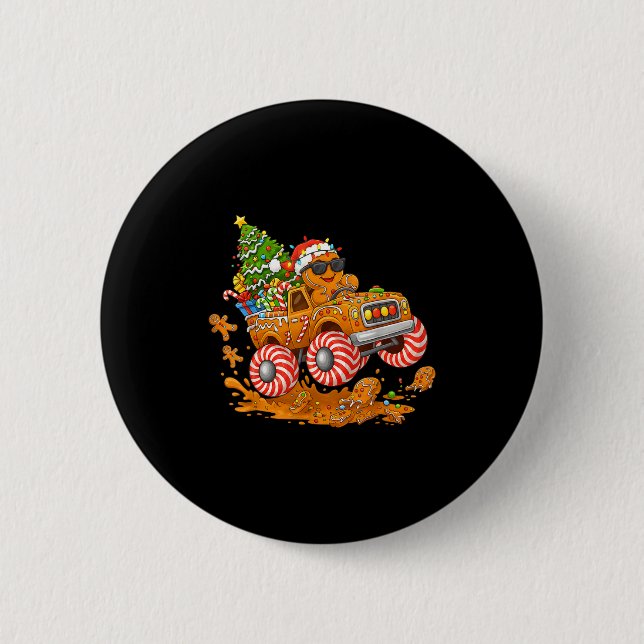 Monster-Truck-Gingerbread-Mann Lustiger Weihnachts Button (Vorderseite)