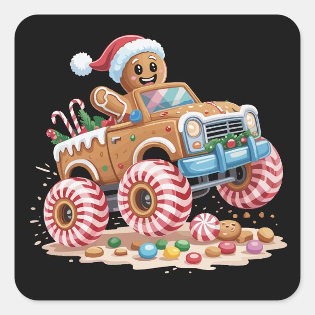 Monster Truck Gingerbrei Mann Weihnachtsgebäck Quadratischer Aufkleber (Vorderseite)