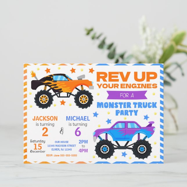 Monster Truck Joint Birthday Invitation Siblings Einladung (Stehend Vorderseite)