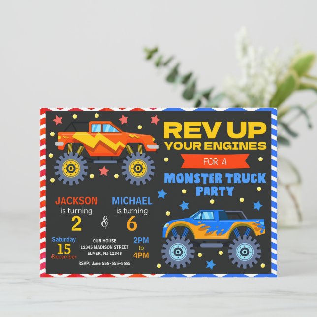 Monster Truck Joint Birthday Invitation Siblings Einladung (Stehend Vorderseite)