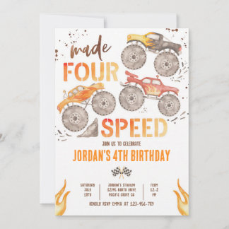 Monster Truck Made Four Speed 4. Geburtstag Einladung