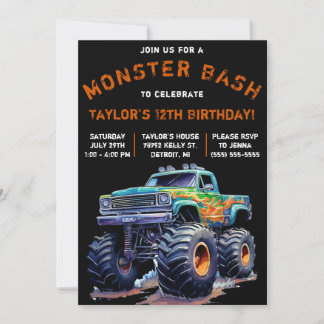 Monster Truck, Monster Bash Geburtstagsparty Einladung