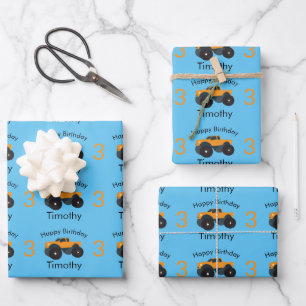 Monster Truck Orange Blue Boys Name & Alter Geschenkpapier Set