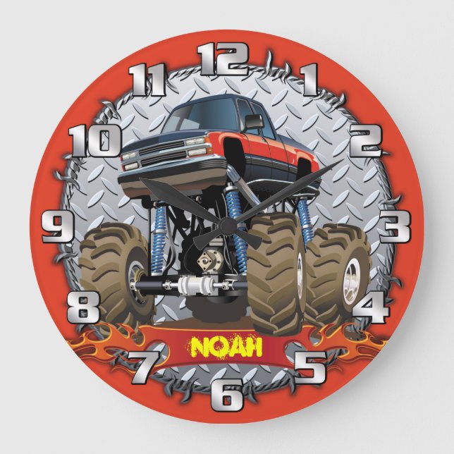 Monster Truck Personalizable Boys Room Clock Große Wanduhr (Vorderseite)
