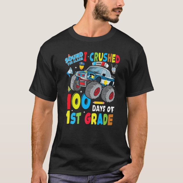 Monster Truck Police Car 100 Days Of School 1st Gr T-Shirt (Vorderseite)