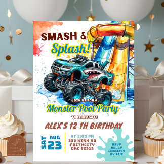 Monster Truck Pool Party Geburtstag Einladung