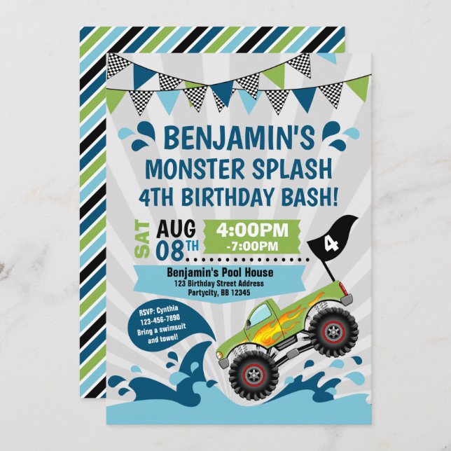 Monster Truck Pool Party Sommer Geburtstag Einladung (Vorne/Hinten)