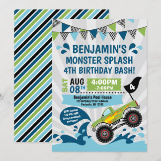 Monster Truck Pool Party Sommer Geburtstag Einladung