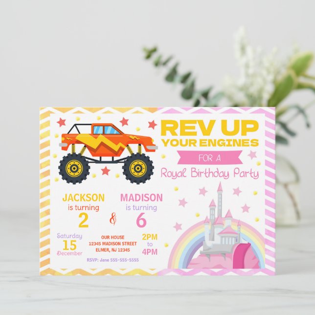 Monster Truck & Princess Joint Birthday Invitation Einladung (Stehend Vorderseite)