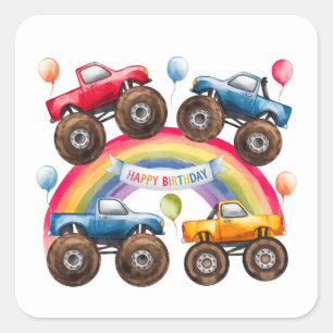 Monster Truck Rainbow Boy Birthday Bash Quadratischer Aufkleber