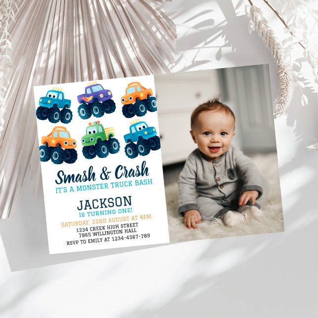 Monster Truck Smash and Crash Birthday Foto Einladung (Von Creator hochgeladen)