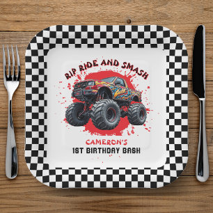 Monster Truck Smash Checkered Flag 1. Geburtstag Pappteller