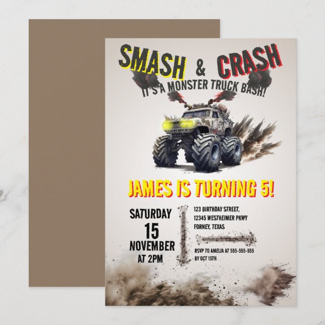 Monster Truck SMASH & CRASH Bash Birthday Party Einladung (Vorne/Hinten)