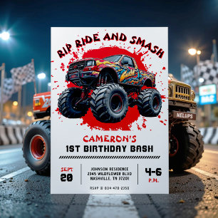 Monster Truck Smash Red 1. Geburtstag Party Einladung