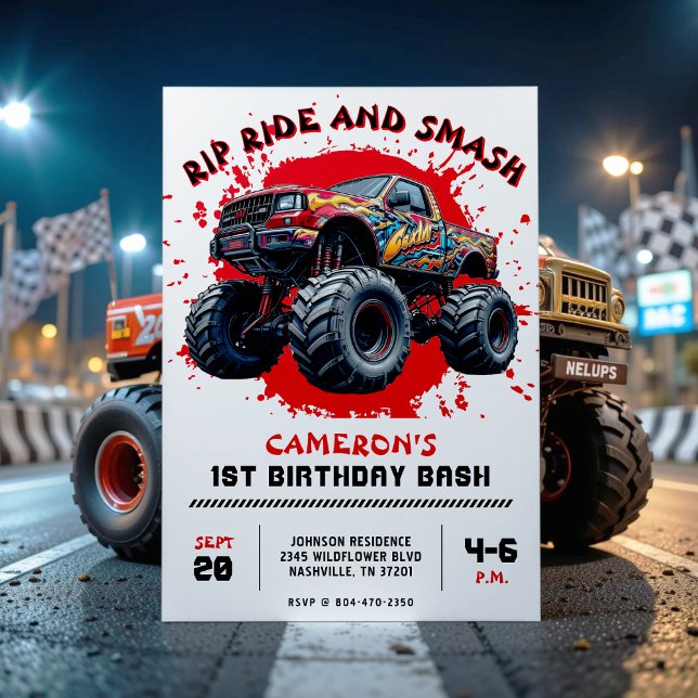 Monster Truck Smash Red 1. Geburtstag Party Einladung (Monster Truck Smash Red 1st Birthday Party Invitation
)