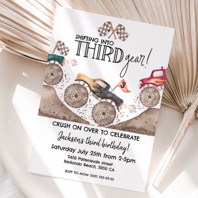 Monster Truck THIRD Gear 3rd birthday kids Einladung (Monster truck third gear birthday invitation)