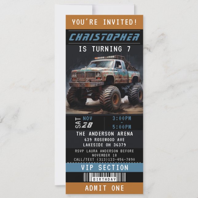 Monster Truck Ticket Geburtstagsparty Einladung (Vorderseite)