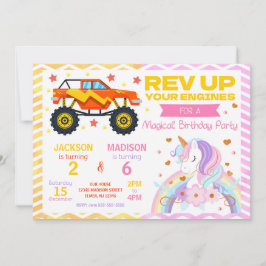 Monster Truck & Unicorn Joint Birthday Invitation Einladung
