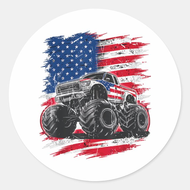 Monster Truck USA Flag Amerikaner Runder Aufkleber (Vorderseite)