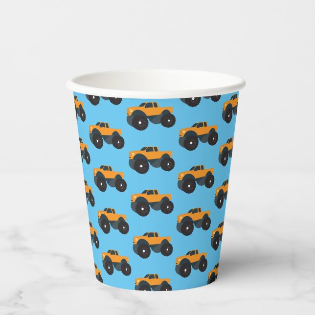 Monster Truck Vehicle Orange Blue Pappbecher (Vorderseite)