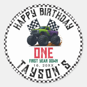 Monster Trucks 1. Geburtstags-Vroom-Party Runder Aufkleber