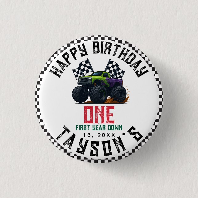 Monster Trucks 1st Birthday Vroom Party Button (Vorderseite)