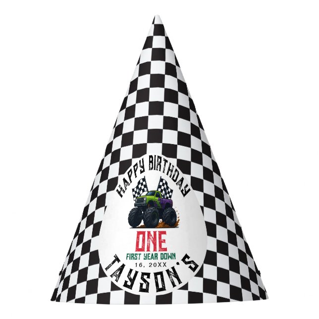 Monster Trucks 1st Birthday Vroom Party Partyhütchen (Vorderseite)