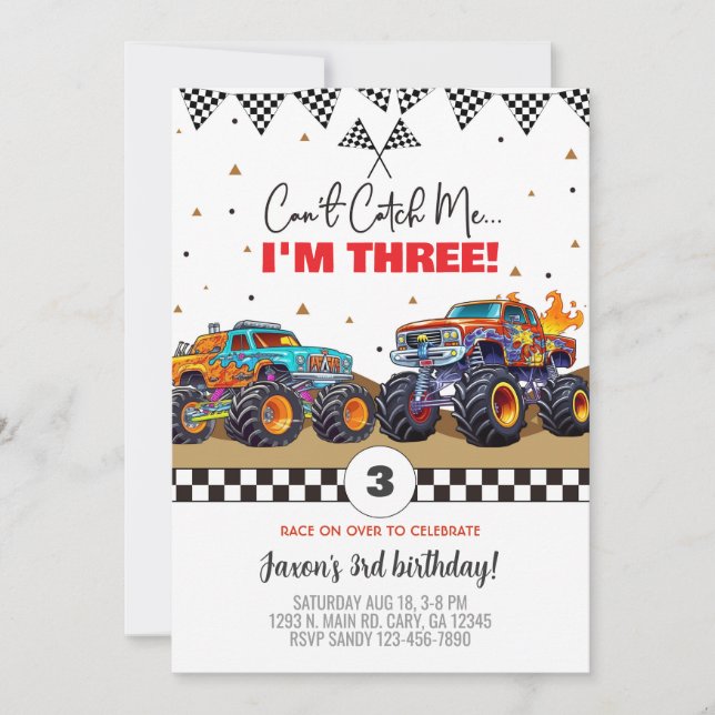 Monster trucks boy birthday invitation. invitation einladung (Vorderseite)