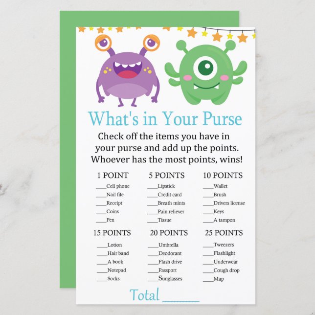 Monster Was ist in deiner Purse-Spiele-Babydusche? (Vorne/Hinten)