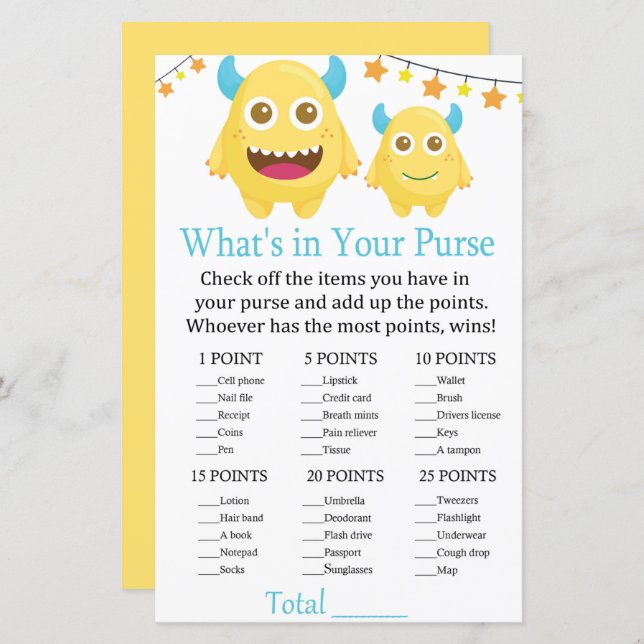 Monster Was ist in Ihrem Geldbeutel Baby Dusche? (Vorne/Hinten)