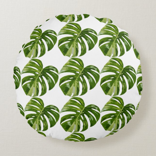 Monstera Albo Leaf Pillow — Botanical Home Decor Rundes Kissen (Vorderseite)
