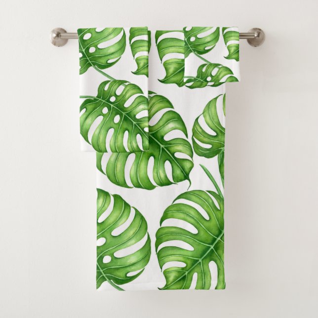 Monstera Aquarellmuster Badhandtuch Set (Insitu)