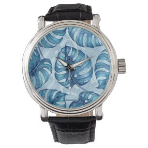 Monstera Aquarellmuster blau Armbanduhr