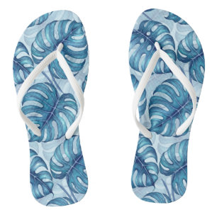 Monstera Aquarellmuster blau Flip Flops