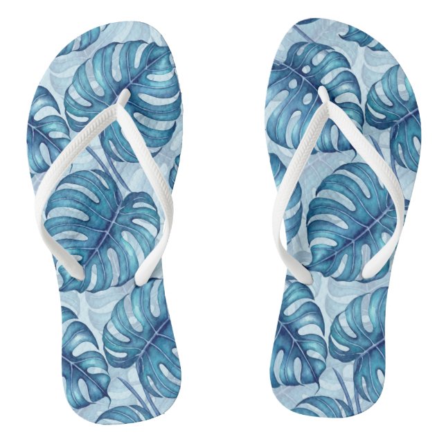 Monstera Aquarellmuster blau Flip Flops (Fußbett)