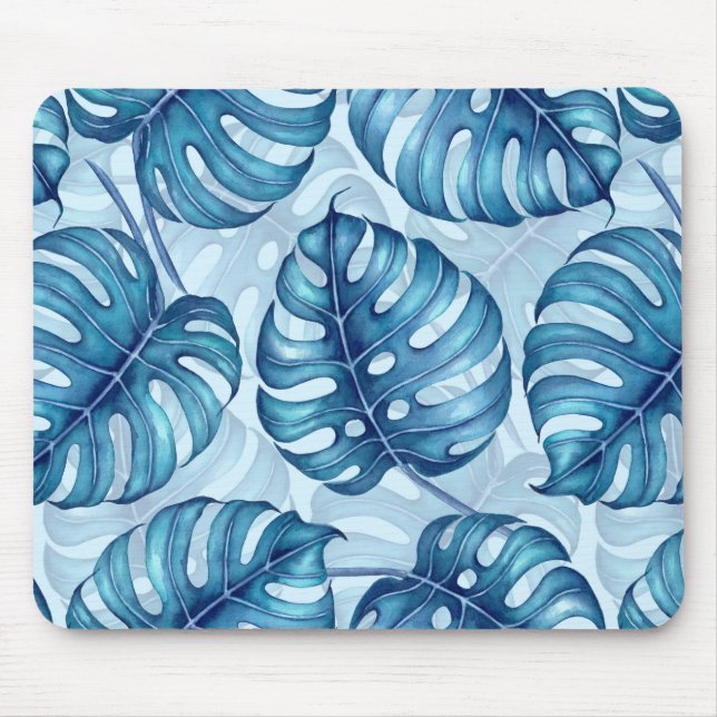Monstera Aquarellmuster blau Mousepad (Vorne)