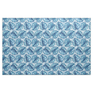 Monstera Aquarellmuster blau Stoff