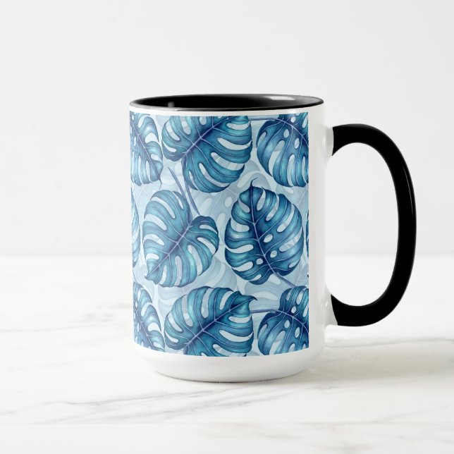 Monstera Aquarellmuster blau Tasse (Rechts)