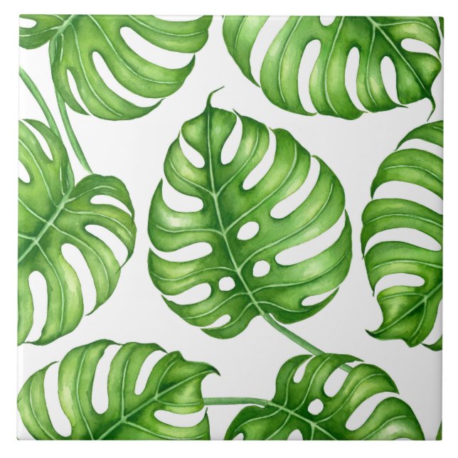 Monstera Aquarellmuster Fliese (Vorderseite)