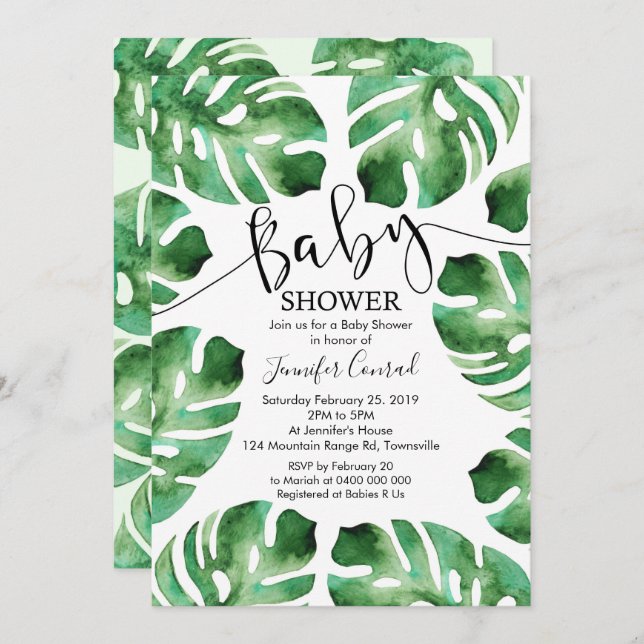Monstera Baby Shower Einladung, tropische Blätter Einladung (Vorne/Hinten)